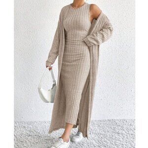 Classic Solid Fitted Tank Dress Cardigan Set